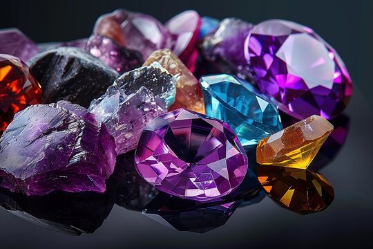 Jewel on black shine color, Collection of many different natural gemstones amethyst, lapis lazuli, rose quartz, citrine, ruby, amazonite, moonstone, labradorite, chalcedony, blue topaz	
