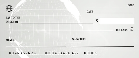 gray blank check with globe design, 