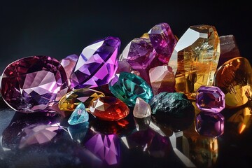 Jewel on black shine color, Collection of many different natural gemstones amethyst, lapis lazuli, rose quartz, citrine, ruby, amazonite, moonstone, labradorite, chalcedony, blue topaz	
