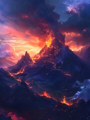 Fiery Volcanic Eruption Casting Ominous Darkness in Surreal Cosmic Landscape - obrazy, fototapety, plakaty