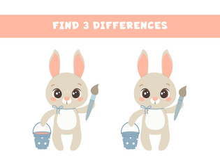Cute bunny with a bucket of paint. Find three differences. Vector illustration .