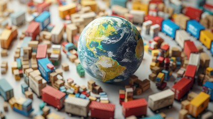 Miniature cargo containers surrounding a globe illustrating global distribution. - obrazy, fototapety, plakaty