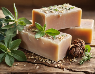 Natural herbal soap bar with dried flower petals and herbal oils on a wooden background. Handmade organic cosmetics. Healthy lifestyle, beauty, skin care. Zero waste home concept. 