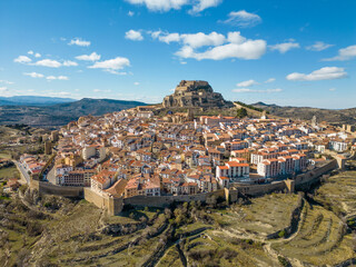 Aerial view of medieval and historic city, Morella. Ancient walled city located on a hill-top in the province of Castell&oacute;n, Valencian Community, Spain. Famous travel destination.