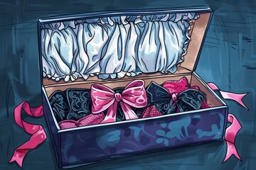 An illustration of Open gift box revealing a collection of elegant lingerie with bows, lace details, and a variety of patterns