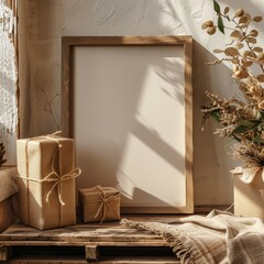 Warm composition of table interior with gifts wrapped in craft paper. mockup