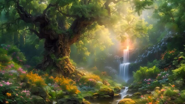 Mystical Forest with Glowing Waterfall