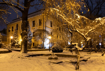 The Peace Park in Cieszyn on a winter evening
