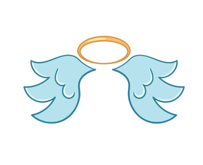 Angel winged glory halo cute cartoon drawings isolated on white background. Flying angel wings with a golden halo in flat style. Cartoon illustration.