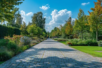 A long brick walkway with trees and flowers on either side