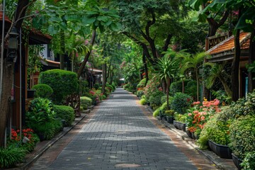 A long brick road with a row of houses on either side