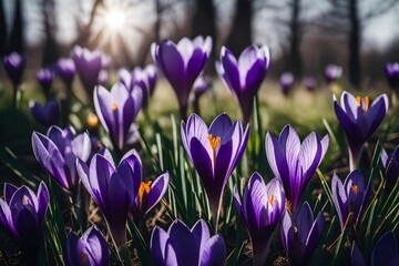 Close-up of newly blooming purple crocus on a blurry background.