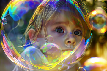 A child's dreamy gaze reflected in a giant soap bubble, the world around them awash with rainbow hues, super realistic