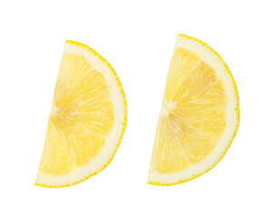 Top view set of yellow lemon slices or quarters isolated on white background with clipping path
