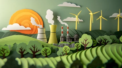 Fotobehang Illustration of renewable energy a paper cut-out transition from traditional energy sources to renewable energy and eco-friendliness and sustainability. © YUTTADANAI