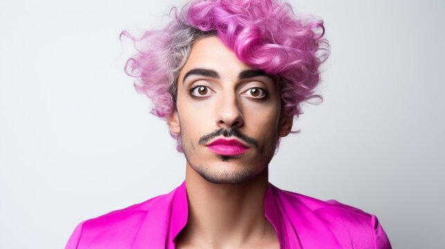 A funny Strange man with bright pink lipstick, makeup, Pink hair, short mustache looks at the camera on a white background. Make-up artist, Cosmetics, Beauty, Hairdressing concepts.