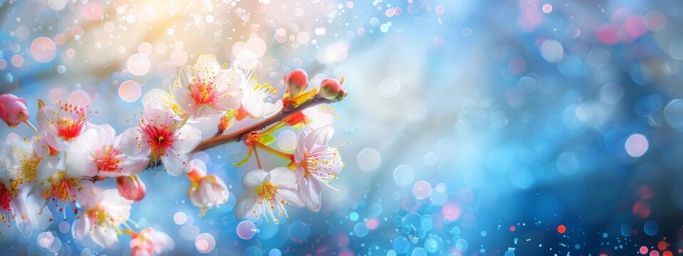 Spring background with blooming cherry tree branch over blue sky. Copy space