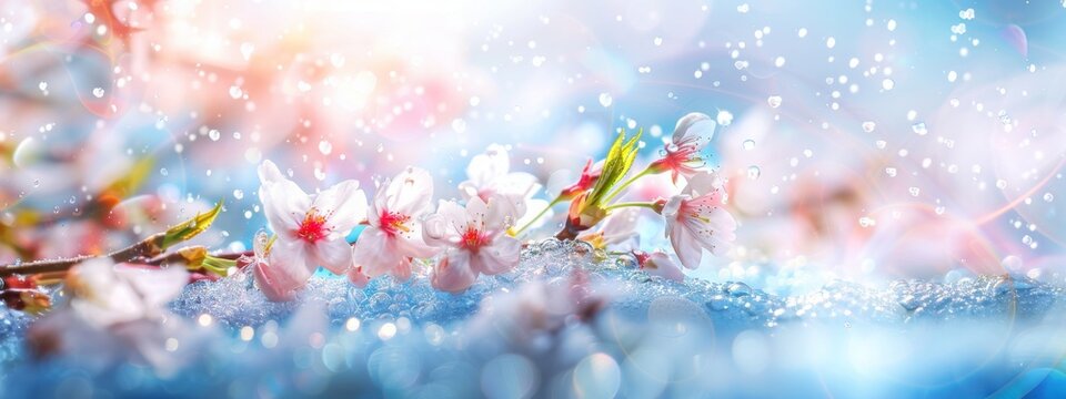 Spring background with blooming cherry tree branch over blue sky. Copy space