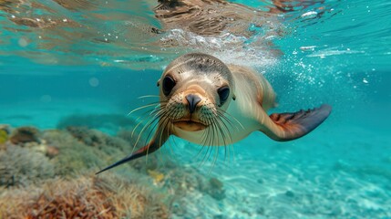 Fototapeta premium Sea lion swimming underwater in the lake