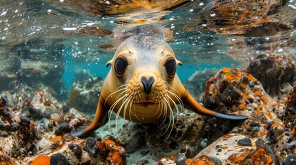 Sea lion swimming underwater in the lake