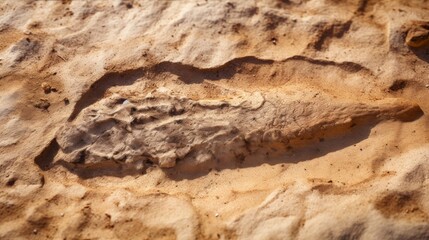 A soft focus image of a fossilized dinosaur footprint in sediment