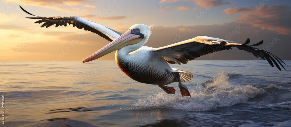 Canvas Prints a seabird with a long beak, known as a pelican, soars gracefully over the ocean at sunset, its wings