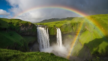 A majestic rainbow arching over a cascading waterfall in a lush, green valley Generative AI