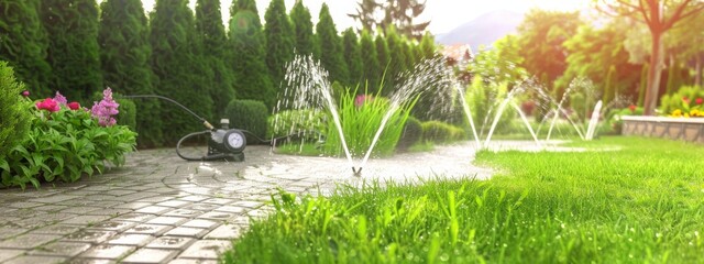 Sprinklers watering grass, emerald lawn in garden - obrazy, fototapety, plakaty