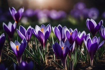 Close-up of newly blooming purple crocus on a blurry background.