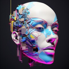 An abstract interpretation of a face seamlessly blended with the patterns of a microchip low poly