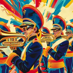 A colorful illustration of a marching band in full uniform