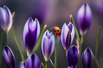 Close-up of a ladybug on a new purple crocus bloom developing against a hazy background.