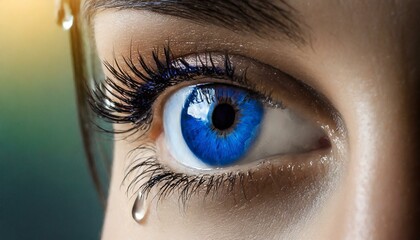 close up of a female eye, wallpaper Sad woman concept - closed eyelid closeup with a teardrop on eyelashes. A tear on eyelashes macro close-up. A tear runs down his cheek. Tinted blue - obrazy, fototapety, plakaty
