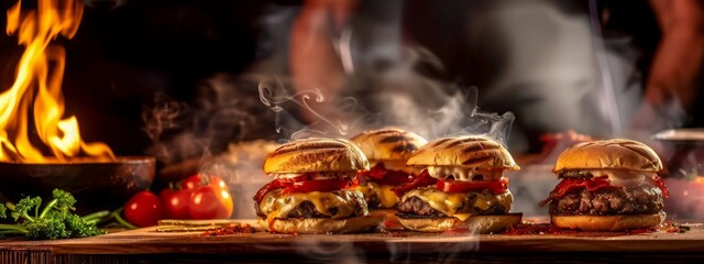 Street food Grilled beef burgers with melted cheese Burger in hand cheeseburger artisan bread street burger. Creative Banner. Copyspace image