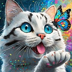 Katze mit einem Schmetterling  - obrazy, fototapety, plakaty
