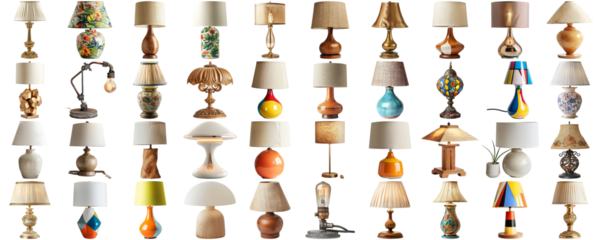 Big collection set of lamp in various styles retro vantage and modern bedside nightstand lighting different table lamp for interior decoration furniture element, isolated on transparent background