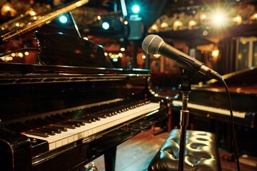 A microphone is placed in front of a grand piano in a concert hall