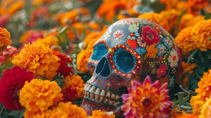 Fototapeta premium A vibrantly decorated sugar skull nestled in a field of marigold and dahlias, symbolizing Día de Muertos.