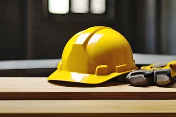 Builder yellow helmet. Protective headgear for construction company employee. Plastic helmet lies on table indoors. Generated AI