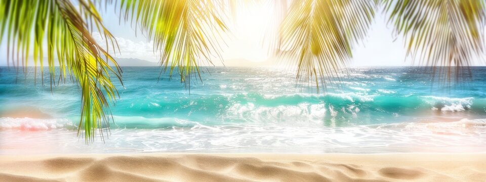  Sunny tropical Caribbean beach with palm trees and turquoise water, caribbean island vacation, hot summer day
