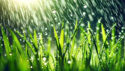 緑の芝生に降る雨
