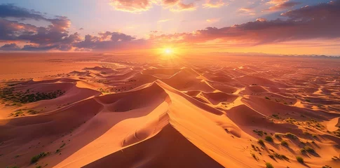Muurstickers The sun is descending over the sandy dunes, casting warm golden light across the landscape © pham