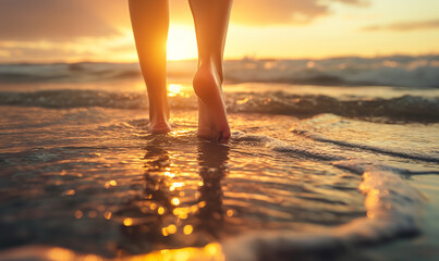 Golden Sunset Stroll: Close-up of Woman's Bare Feet Walking on the Beach with Waves