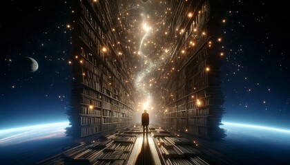 Mystical person standing at the entrance of a massive library in space, with the cosmos illuminating knowledge and exploration