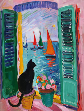 A painting depicting a cat sitting on a window sill, looking out into the distance