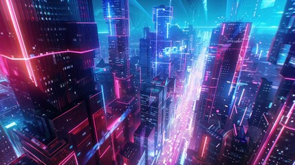 Future city with high-tech multicolored neon light trails, cyberpunk style, AI generated image.