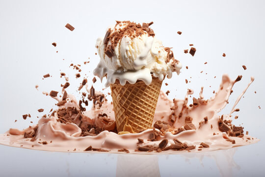 ice cream splashing out of a waffle cone on white background