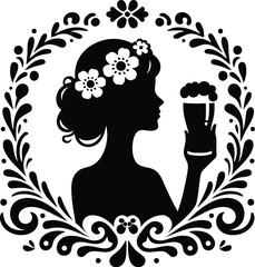women silhouette, drink beer, flowers ornament decoration, floral vector design.