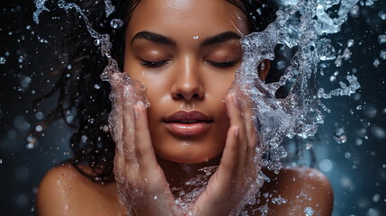 Beautiful model woman with splashes of water in her hands, natural cosmetic, skin care. Beauty portrait