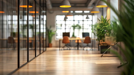 Softly blurred office space bathed in warm light, with green plants, suggesting a modern and dynamic work environment - Powered by Adobe